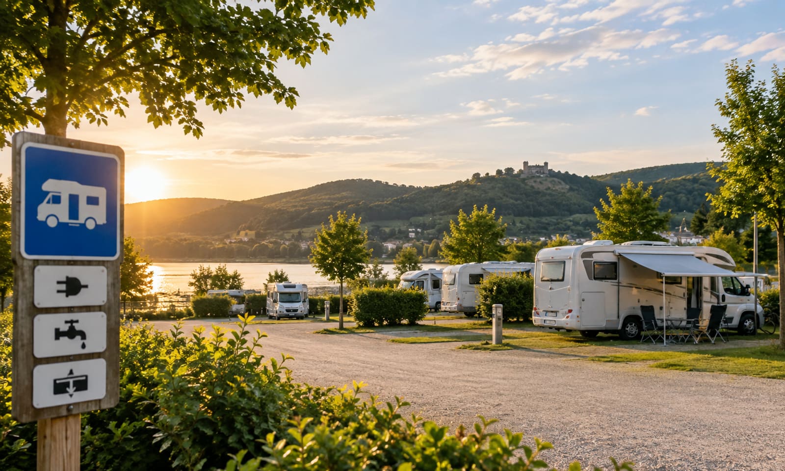 Wohnmobile auf einem Stellplatz mit Ver- und Entsorgungssäulen am Seeufer im Abendlicht